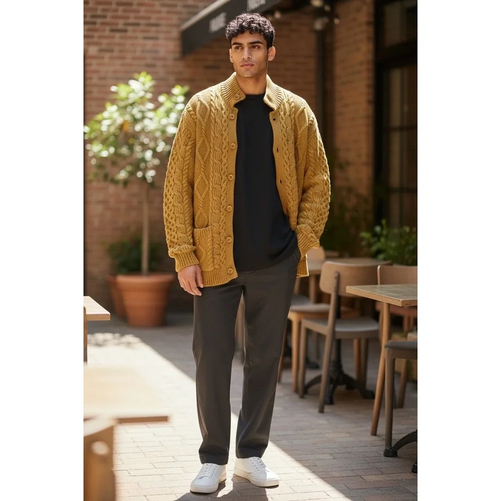 Mens Cable  Knit Cardigan Tan Brown Golden Yellow Shawl Collar Sweater XL Preppy